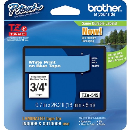 Brother Adhesive TZ Tape (R) Cartridge 0.70"x26-1/5ft., White/Blue TZE545G