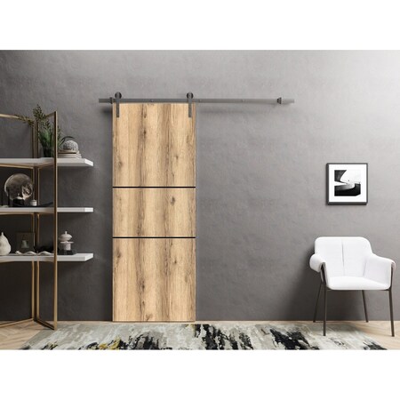 Sartodoors Sliding Barn Door with 6.6ft Hardware, Planum 0014 Oak and Aluminum Strips, Rail Hangers Sturdy Sil PLANUM0014BD-S-DUB-18
