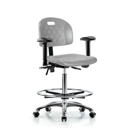Blue Ridge Ergonomics Poly Chair Chrome-High Bench Height with Seat Tilt, Adj Arms, Chrome Foot Ring, & Casters in Gray Poly HPHBCH-CR-T1-A1-CF-CC-GRY