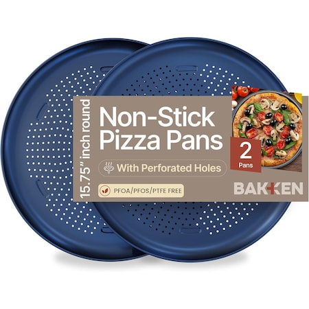 Bakkenmaster Bakken 16-Inch Nonstick Pizza Pan 2-Pack Carbon Steel Tray with Holes Dishwasher & Oven Safe Blue BKPIZAWVBLU65