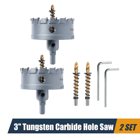 Powertec 3in Tungsten Carbide Hole Saw for Soft & Hard Metal w/ Titanium-Plated Pilot Drill Bit, 2PK 14906-P2