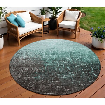 Homeroots 8' Teal Blue And Dark Gray Round Ombre Washable Indoor Outdoor Area Rug 602901