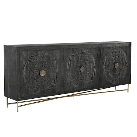 Homeroots 95in Black Distressed Solid Wood Carved Geometric Sideboard with Six Doors 521424