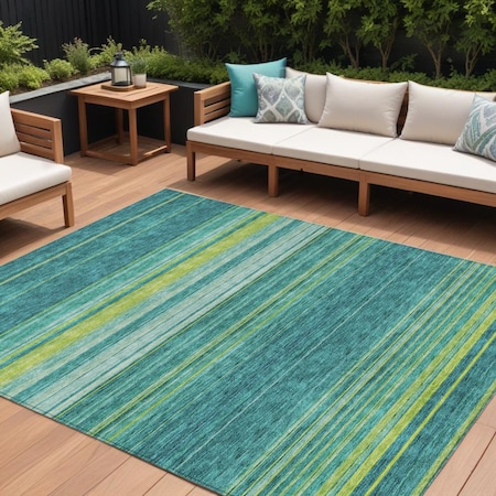 Homeroots 9' X 12' Teal Blue Lime Green And Turquoise Striped Washable Indoor Outdoor Area Rug 614843
