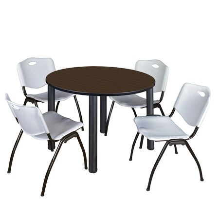 Regency Round Kee Breakroom Table W/ 4 M Stack Chairs, 48 in W, 48 in L, Neo Walnut TB48RNDNWBPBK47GY