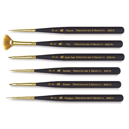 Princeton Mini-Detailer Brush Set, Synthetic Bristles, Short Handle Mixed Media Paintbrush, Black, 6-Piece Set P30506SET