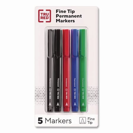 Tru Red Permanent Marker, Pen-Style, Fine Bullet Tip, Assorted Colors, 5PK TR54527