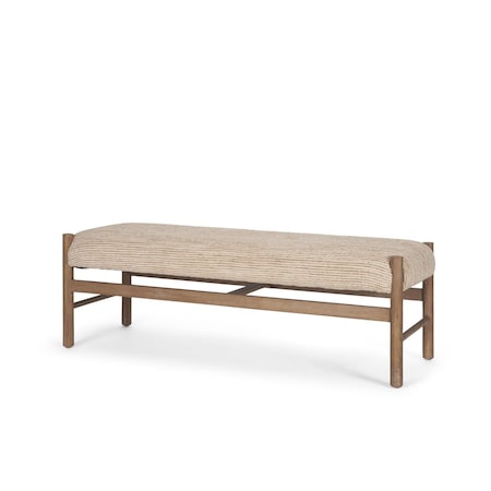 Homeroots 57in Beige and Brown Cotton and Solid Wood Upholstered Bench 606749