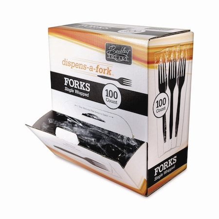 Berkley Square Dispens-a-Fork, Individually Wrapped, Mediumweight Fork, Plastic, Black, 100PK BEP90202