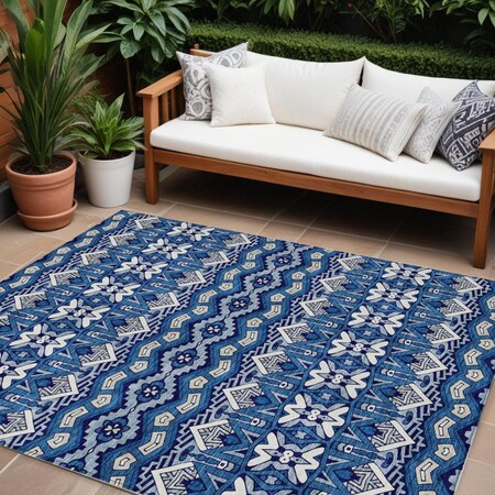 Homeroots 10' X 14' Navy Blue And Ivory Moroccan Washable Indoor Outdoor Area Rug 594339