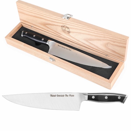 Think Outside The Plate 8'' Chef Knife with Wood Box, Stainless Steel Blade, Black TOTP-CK-1B