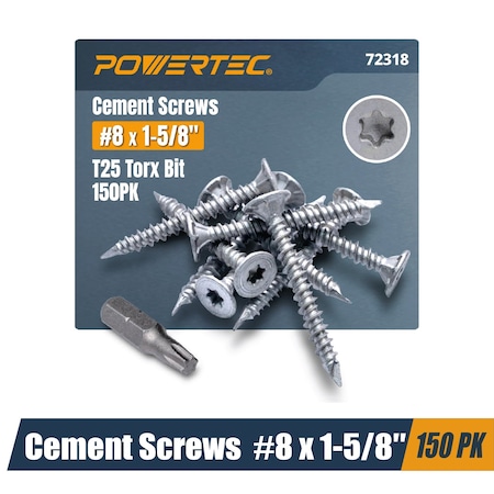 Powertec Cement Screws #8 x 1-5/8", Ruspert Coated with T25 Torx Star Drive Bit - High-Low Thread, 150PK 72318