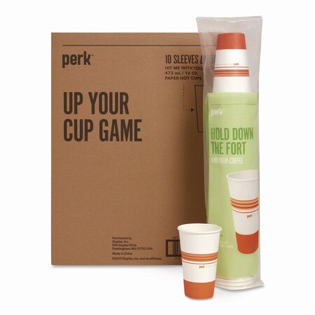 Perk Paper Hot Cups, 16 oz, White/Orange, 500PK PK54368CT