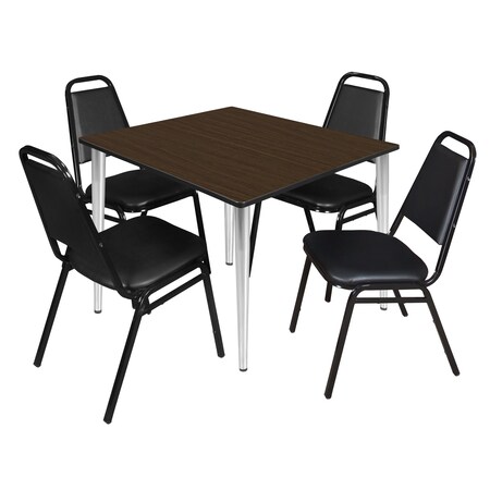 Regency Square Kahlo Breakroom Table W/ 4 Restaurant Stack Chairs, 48 in W, 48 in L, Neo Walnut TPL4848NWCM29BK