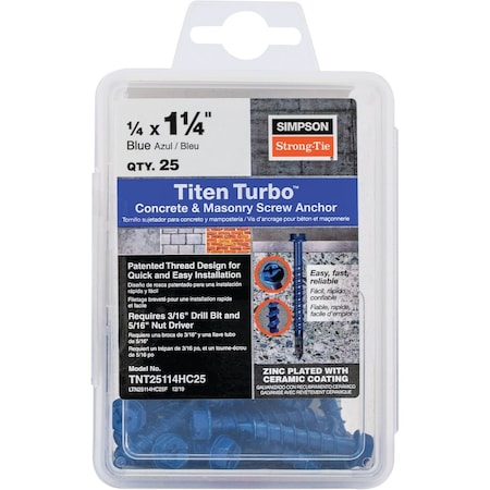 Simpson Strong-Tie Titen Turbo 1/4''x1-1/4'' Hex-Head Concrete & Masonry Screw Blue, 25 Ct. TNT25114HC25