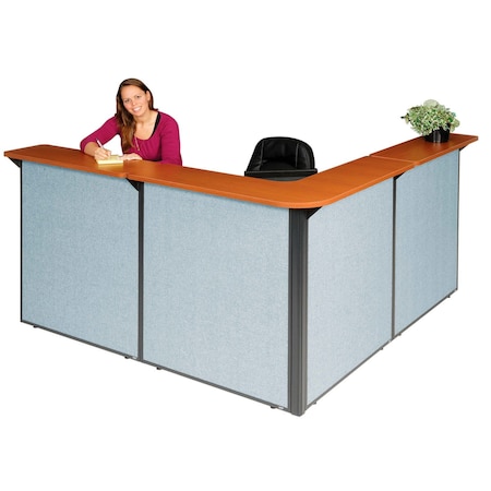 Global Industrial Interion L-Shaped Reception Station, 80"W x 80"D x 44"H, Cherry Counter, Blue Panel 249009CB