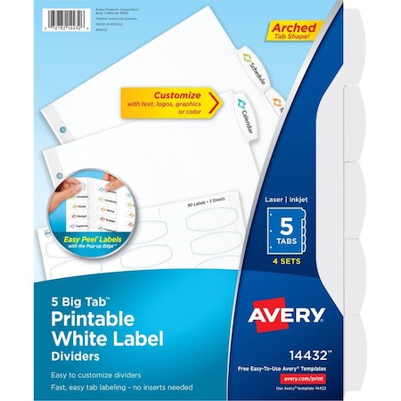 Avery Big Tab Printable White Label Tab Dividers, 5-Tab, Letter, White, 4PK 14432
