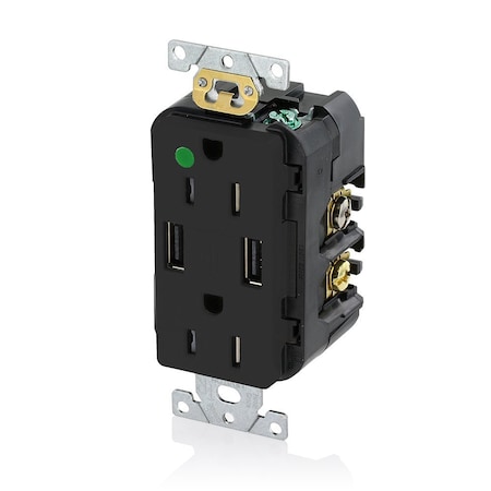 Leviton USB Charger/Duplex Tamper-Resistant Receptacle, Hospital Grade, 3.6/15 Amp, 125 Volt, Black T5632-HGE