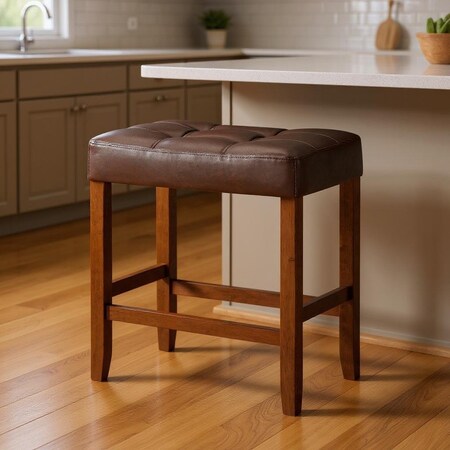Homeroots Set of Two 26" Brown Faux Leather and Solid Wood Backless Counter Height Bar Chairs 632424