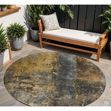 Homeroots 8' Gray Brown And Gold Round Abstract Washable Indoor Outdoor Area Rug 606064
