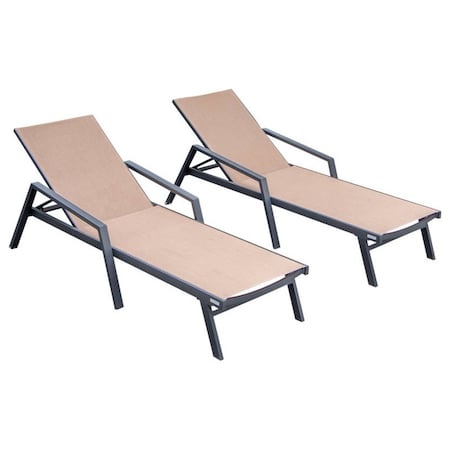 Leisuremod Marlin Patio Chaise Lounge Chair with Armrests in Black Aluminum Frame, Light Brown, 2PK MLABL-77LBR2