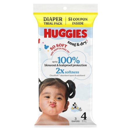 Huggies Infant Diapers, Snug & Dry, Polyester, Heavy, 4 Diaper Size, Trial Pack, 3 Diapers/Pack, 30 PK 57030