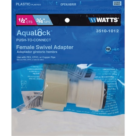 Watts Aqualock 1/2'' CTS x 3/4'' FPT Push-to-Connect Plastic Adapter 3510-1012