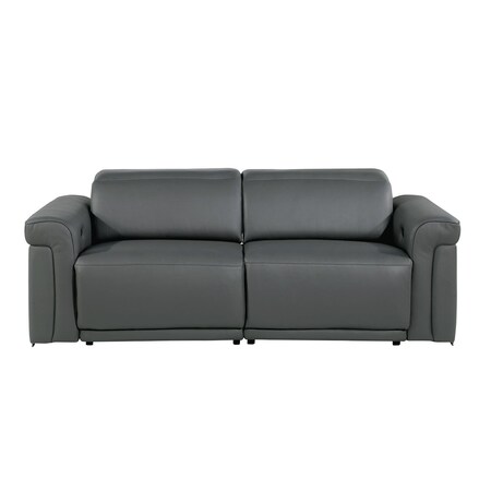 Homeroots 80" Dark Gray Top Grain Leather Reclining Metal USB Sofa 720383