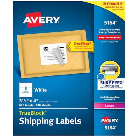 Avery Laser Label, 4 in Label W, 3 1/3 in Label H, 6 Labels per Sheet White 7278205164