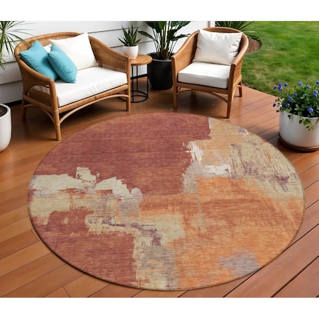 Homeroots 8' Orange And Burnt Orange Round Abstract Washable Indoor Outdoor Area Rug 609174