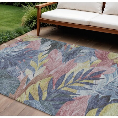 Homeroots 10' X 14' Denim Blue And Blush Floral Washable Indoor Outdoor Area Rug 611107