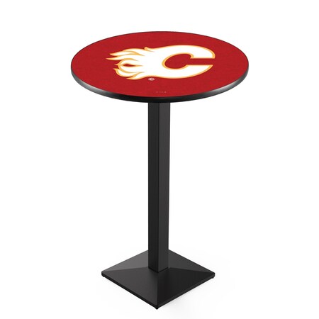 Holland Bar Stool Co 42" Blk Wrinkle Calgary Flames Pub Table, 36" dia. Top L217B4236CalFla