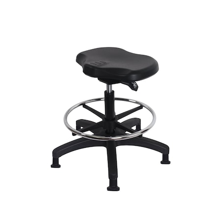 Blue Ridge Ergonomics Poly Ray Sit-Stand Stool-Medium Bench Height with Chrome Foot Ring & Stationary Glides in Black Poly PRPMBSO-RG-CF-RG-BLK