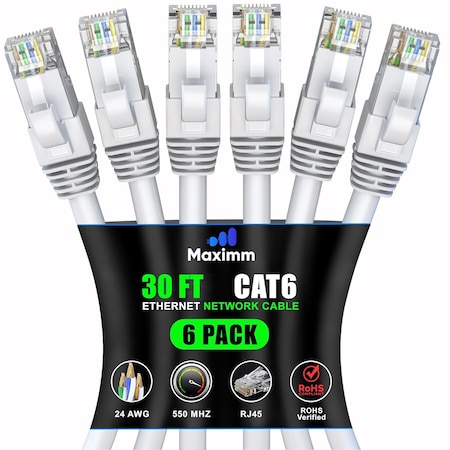 Maximm Cat6 Ethernet Cable 30ft 10Gbps 550MHz UTP, 6PK, White, 6PK WH6PK16