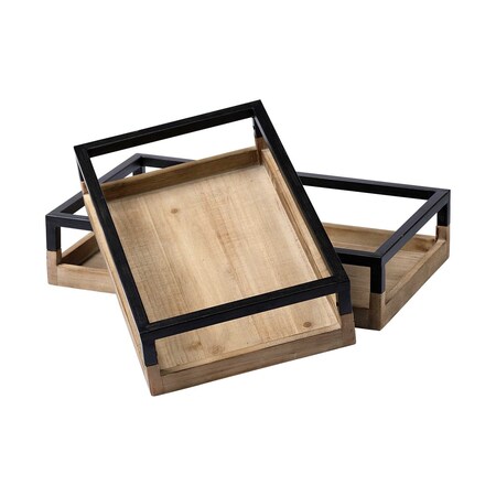 Homeroots Set of Two Brown Wood Indoor Outdoor Tray With Handles 376041