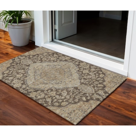 Homeroots 3' X 5' Chocolate Beige And Gray Oriental Washable Indoor Outdoor Area Rug 605235