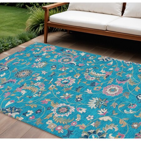Homeroots 10' X 14' Teal Blue Ivory And Pink Floral Washable Indoor Outdoor Area Rug 597853