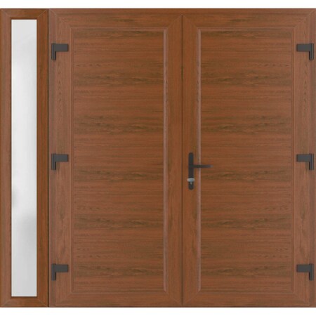 Vdomdoors Front Exterior Prehung Metal-Plastic Double Doors / MANUX 8111 Walnut / Sidelite Exterior Window / MANUX8111DEXD-WLN-LH-W72+16xH80
