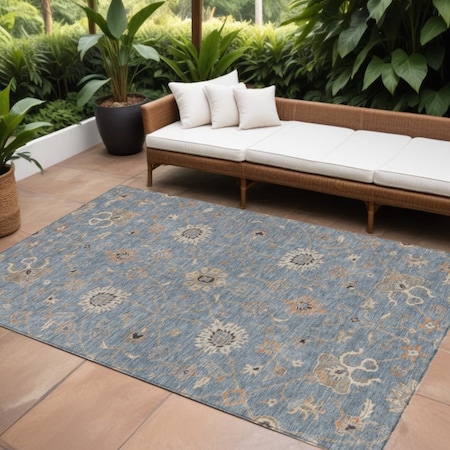 Homeroots 9' X 12' Denim Blue Ivory And Coral Floral Washable Indoor Outdoor Area Rug 604771