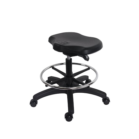 Blue Ridge Ergonomics Poly Ray Sit-Stand Stool-Medium Bench Height with Chrome Foot Ring & Casters in Black Poly PRPMBSO-RG-CF-RC-BLK