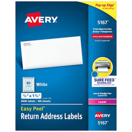 Avery Laser Label, 1 3/4 in Label W, 1/2 in Label H, 80 Labels per Sheet White 7278205167