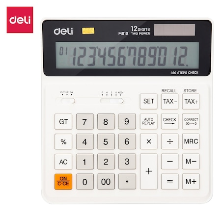 Deli Digit Desktop Calculator, Tax + 120-Step Check, Dual Power, White, 20PK EM01010