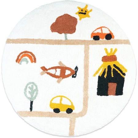 Homeroots 32" White Yellow And Red Cotton Cars Round Youthful Bath Rug 634889