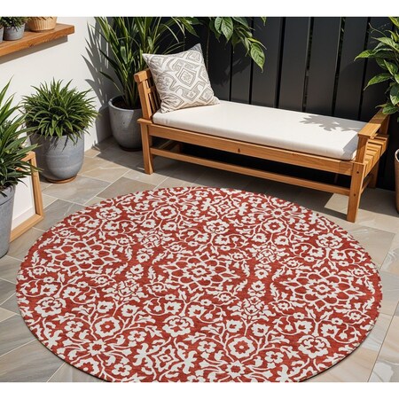 Homeroots 8' Red And Ivory Round Damask Washable Indoor Outdoor Area Rug 595189