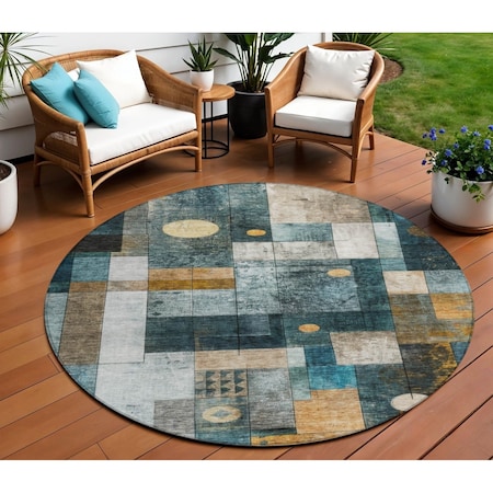 Homeroots 8' Blue Gold And Gray Round Abstract Washable Indoor Outdoor Area Rug 604490