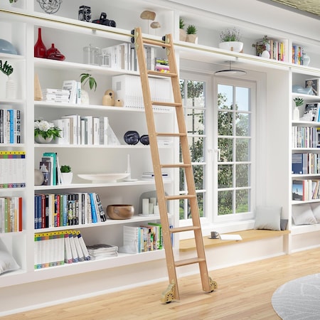 Quiet Glide 8.06 ft. Red Oak Sunburst Wheel Brushed Satin Brass Rolling Ladder, 12 ft. Rail QG.210-8RO-12-H.06B