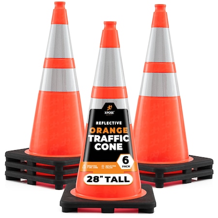 Xpose Safety Traffic Safety Cone, 28 in, PVC, Dual 6 in & 4 in Reflective Collar, DOT Approved, Orange, 6 pk OTC28-64-6-X-S