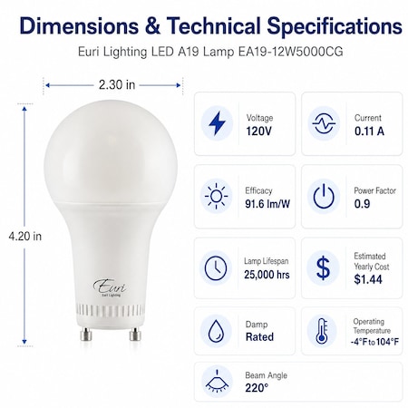 Euri Lighting A19 LED Bulb, 12W, 1100 lm, 75W Eq., 2700K, GU24, CEC/JA8/Title 24, UL EA19-12W5020CG