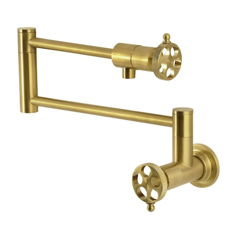 Kingston Brass Wall Mount Pot Filler Faucet with Knurled Handle, Brushed Brass KS4107RKX