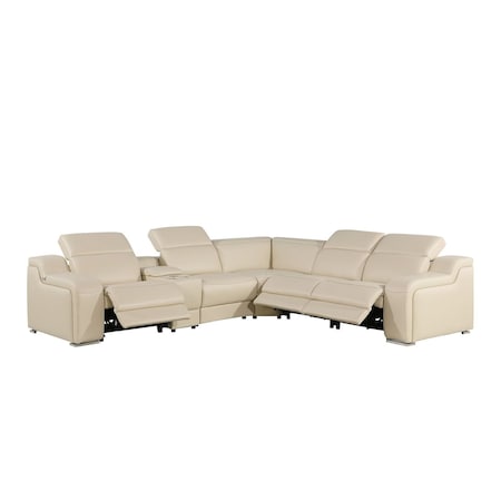 Homeroots Beige Italian Leather Power Reclining Curved Six Piece Corner Sectional With Console 544976